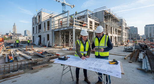 Modern architectural construction site in Belgium showing high precision precast concrete panels, exposed steel scaffolding, clean technical structure bathed in natural crisp morning sunlight with structural engineers inspecting blueprints.
