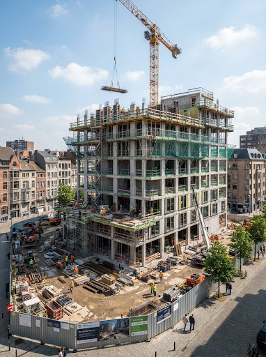 Chantier en cours de construction en Belgique avec structure béton armé, grue à tour et échafaudages professionnels